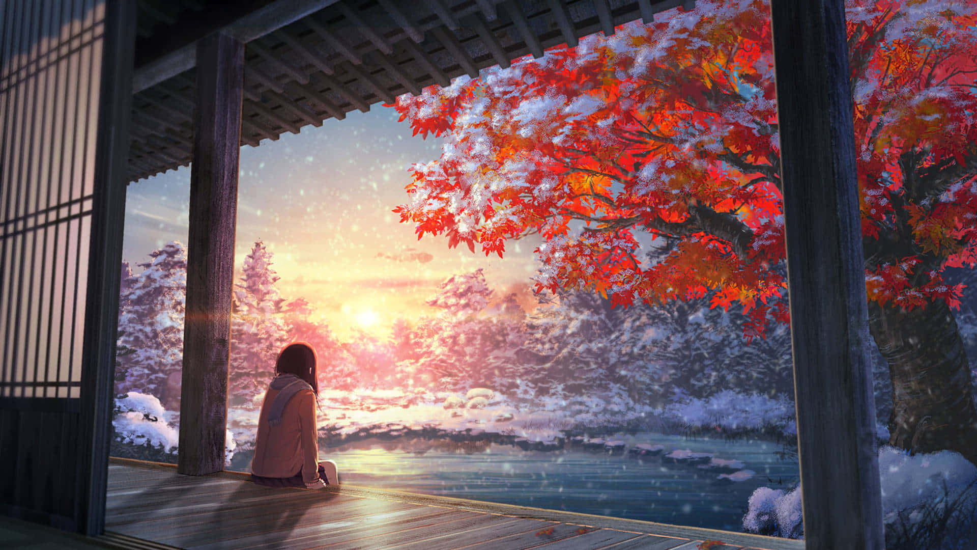 Enkvinna Sitter På En Veranda Och Tittar Ut På Snöfallet Wallpaper