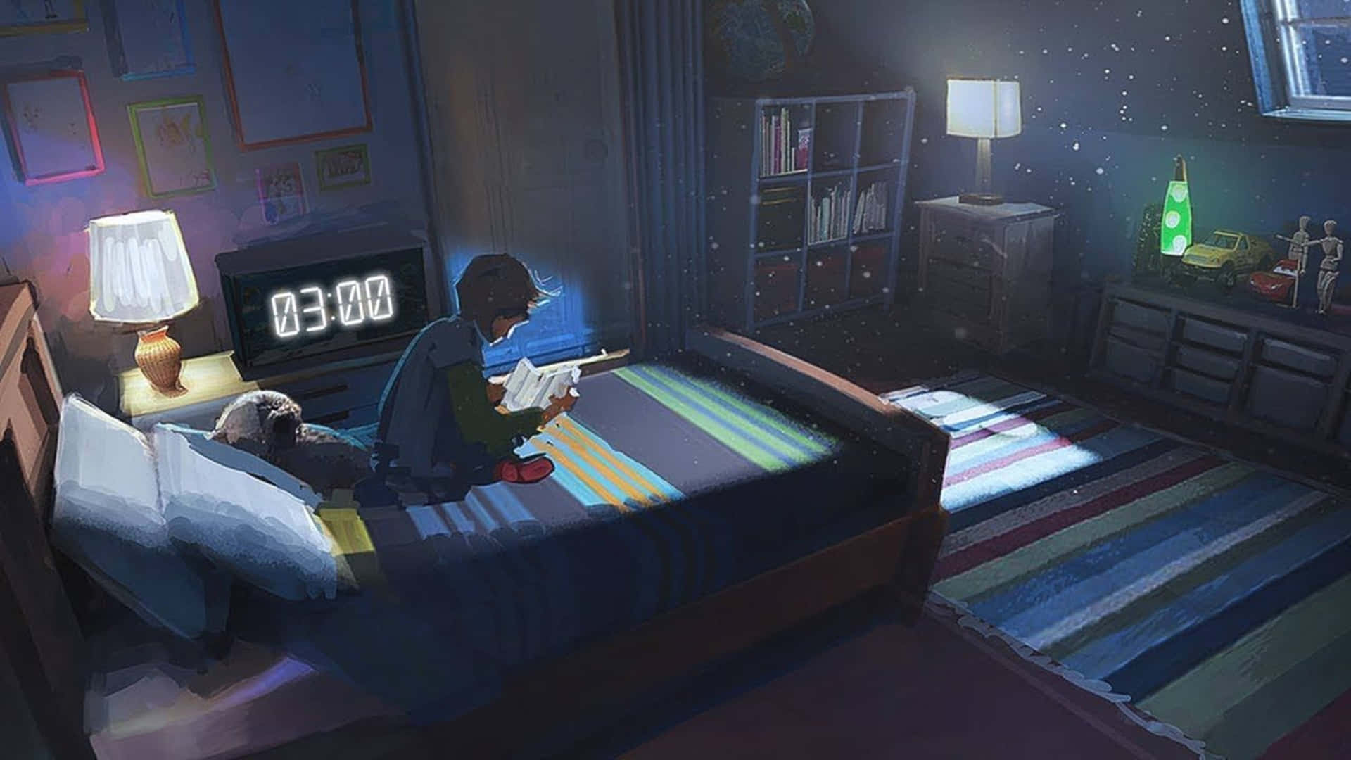 ;Low Fi Anime afslappende dreng Læser bog. Wallpaper