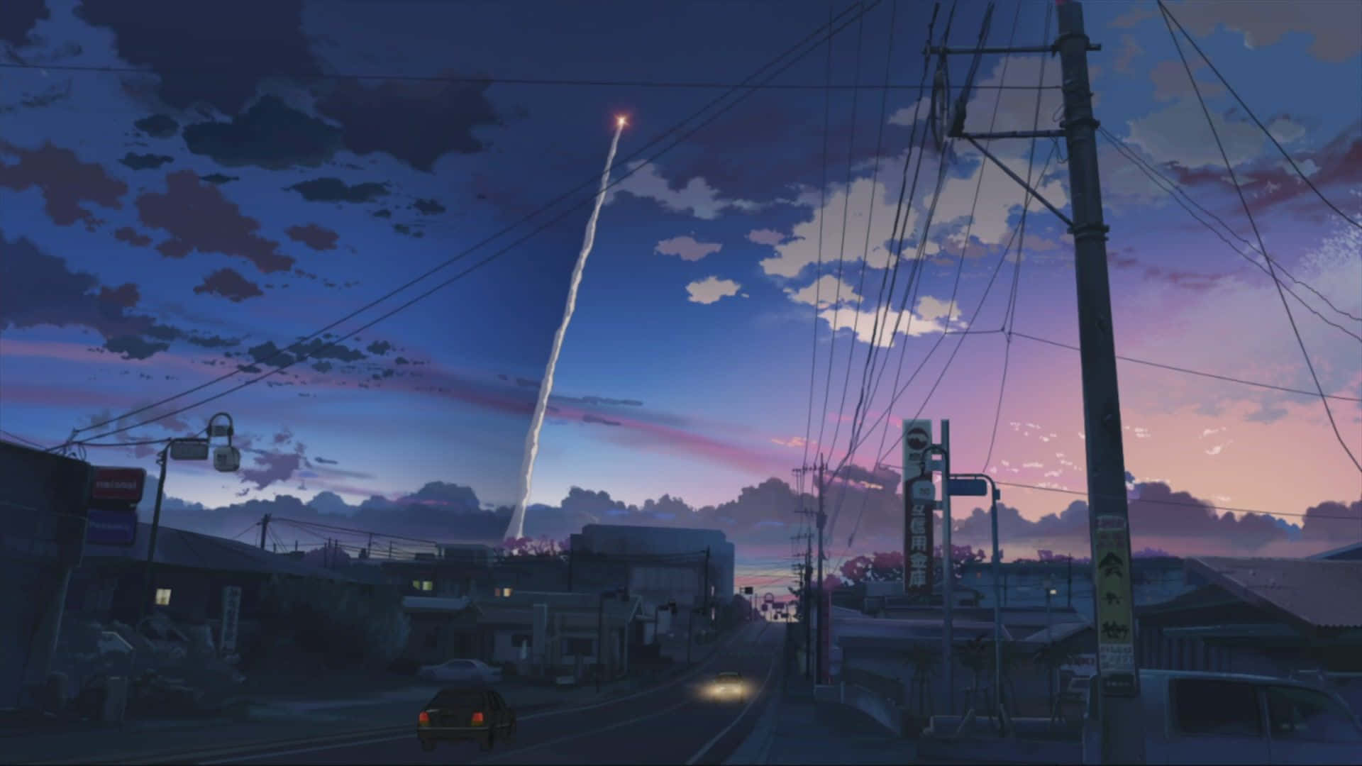 Lofi Anime Chill Stadt Mit Startender Rakete Am Himmel Wallpaper