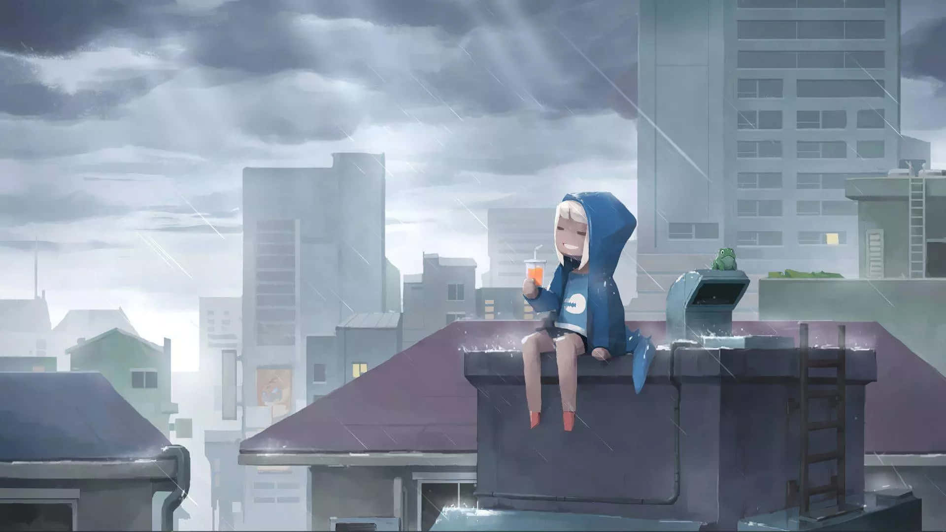 Lofi Anime Chill Girl Auf Dem Dach Wallpaper
