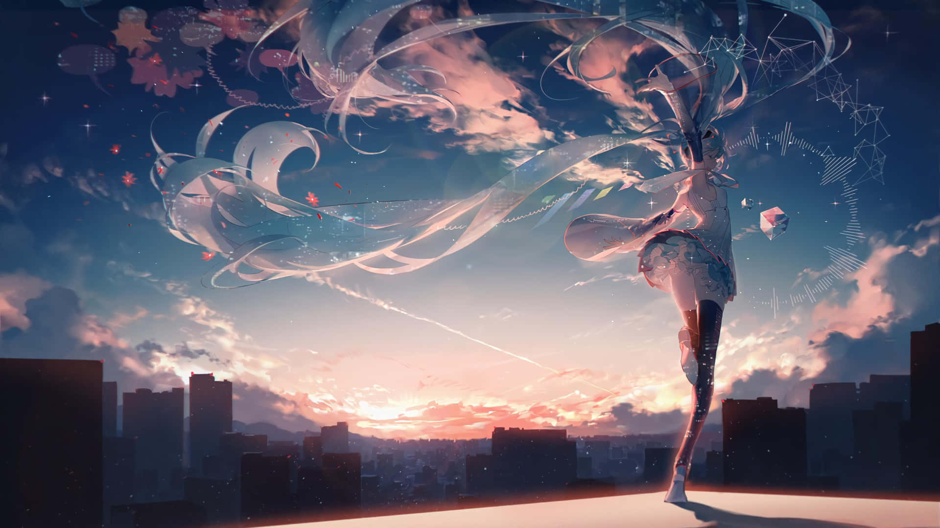 Lo Fi Anime Chill Long Haired Girl On Rooftop Wallpaper