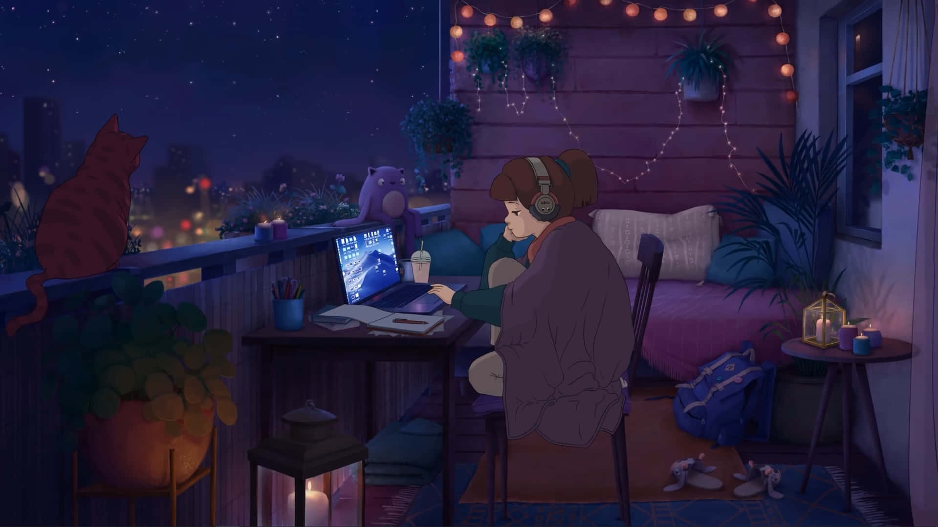 Chicade Anime Relajada En Un Balcón Con Estilo Lo Fi Fondo de pantalla