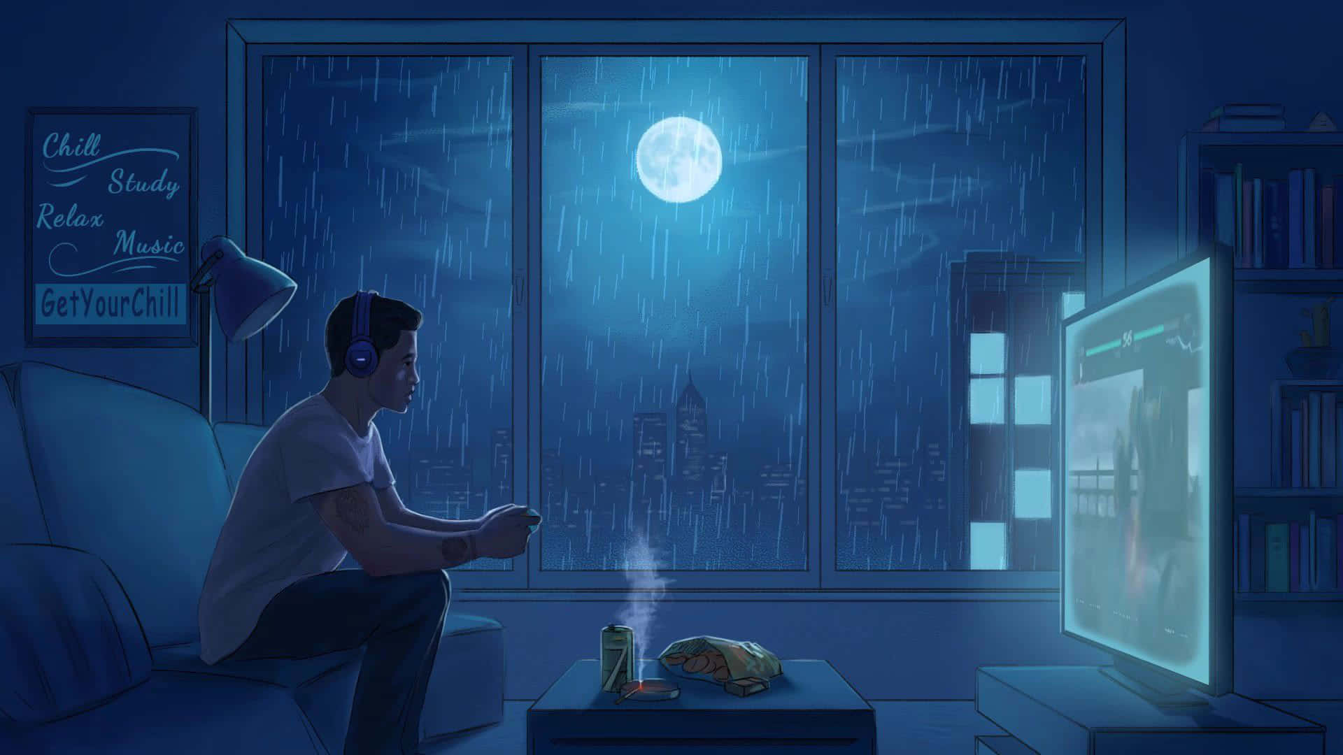 Lo Fi Anime Chill Man Watching Movie On Television Wallpaper