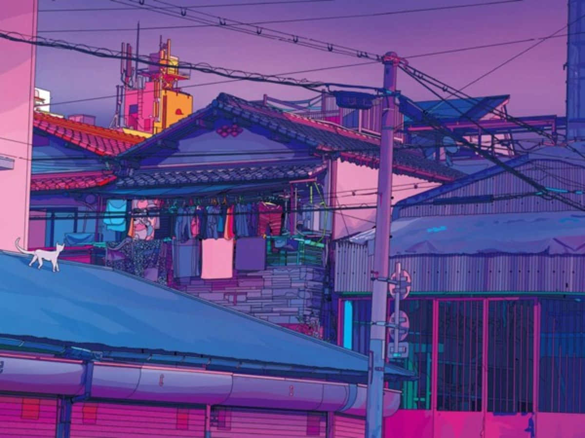 Lo Fi Anime Chill Cat On House Roof Wallpaper