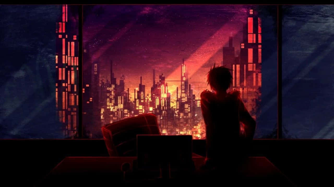 Lofist anime-chill mand ser på mørke by under tung regn. Wallpaper