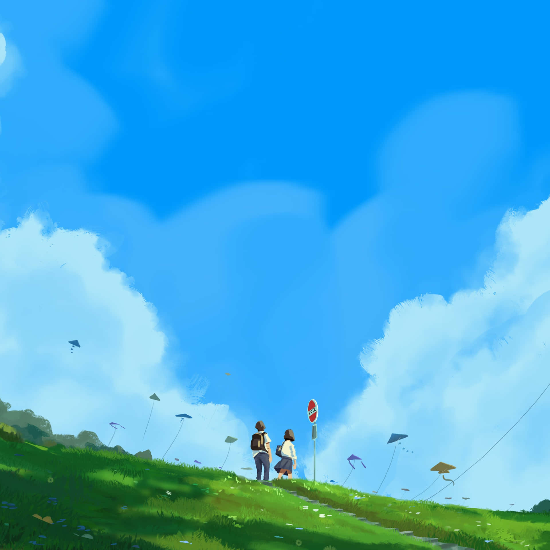 Lo-Fi Anime Chill Couple Watching Flyvende Kites Wallpaper