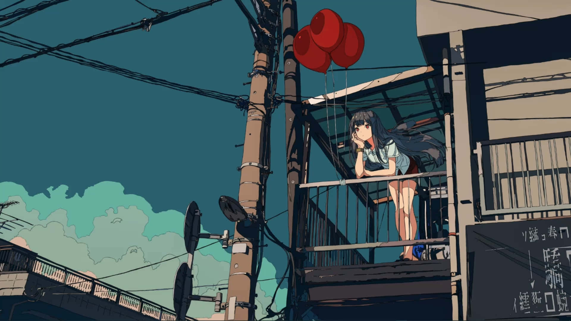 Lofi Anime-chill-mädchen Mit Roten Ballons Auf Dem Balkon. Wallpaper