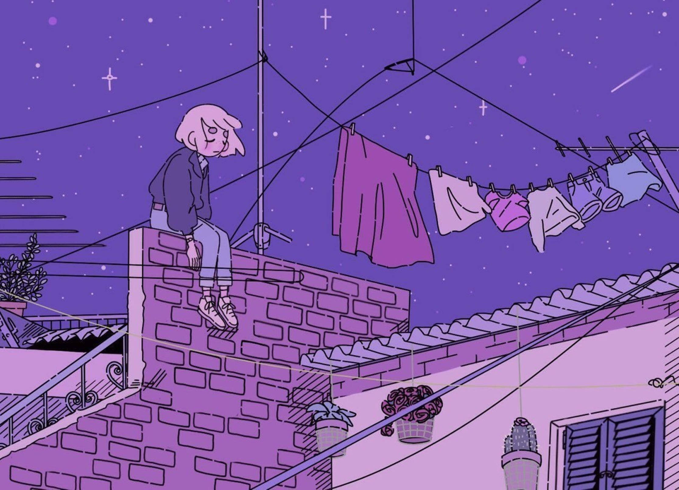 Lo Fi Anime Girl Over Purple Sky Wallpaper