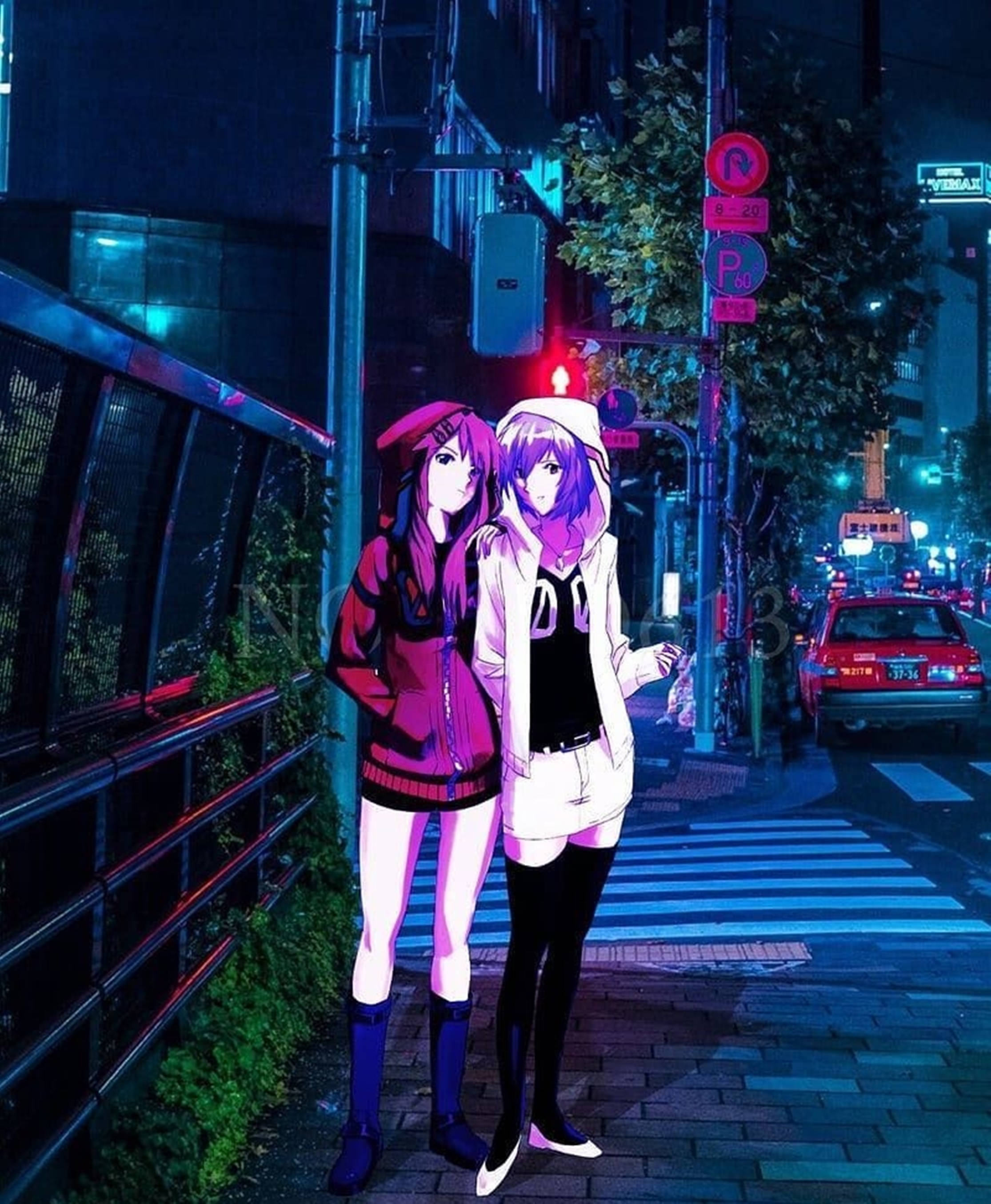 Chicasde Anime Lo Fi En La Ciudad Durante La Noche. Fondo de pantalla