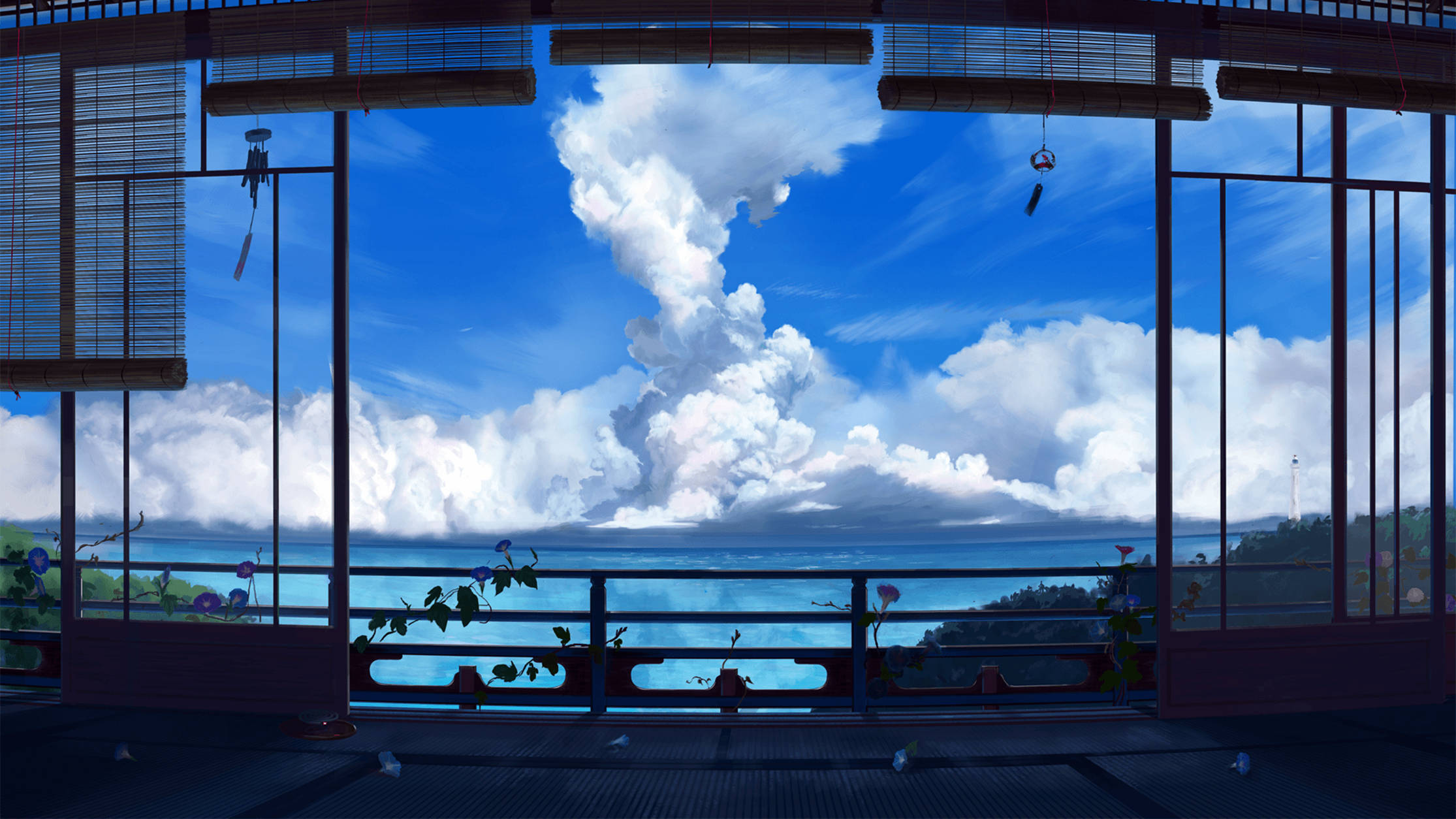 Vistasu Un Paesaggio Anime Oceano Lo-fi Con Cielo Blu Sfondo