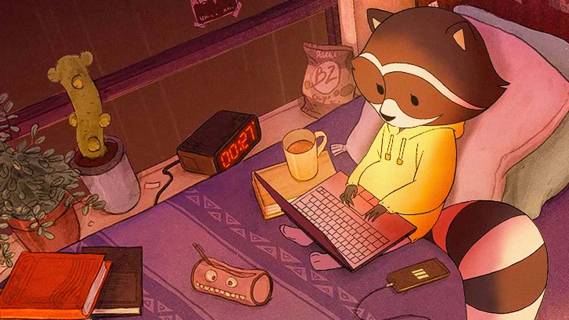 En raccoon siddende på en seng med en bærbar computer Wallpaper