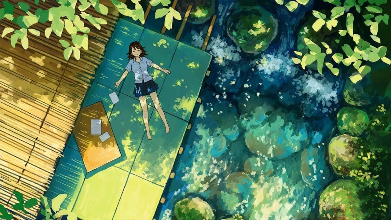 En pige sidder på en træplatform i nærheden af en flod Wallpaper