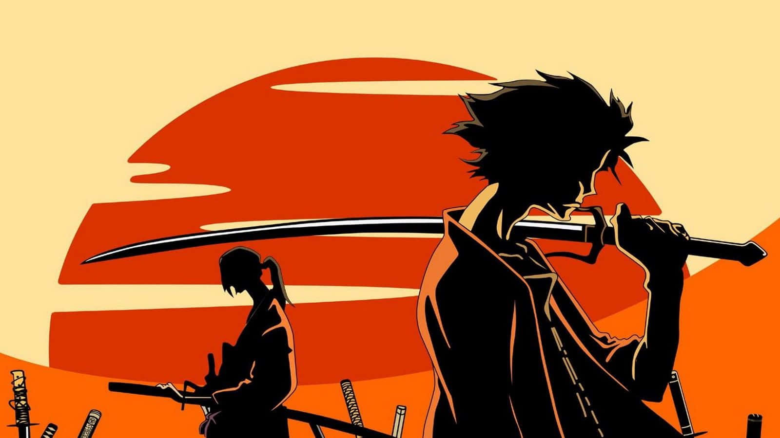 A Silhouette Of Two People Holding Swords In The Sun Wallpaper