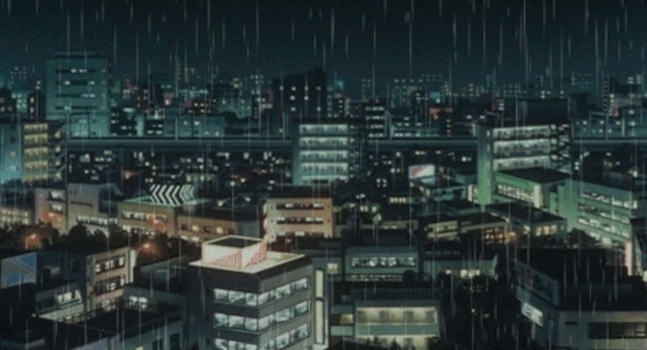 En by om natten med regndråber der falder på den Wallpaper