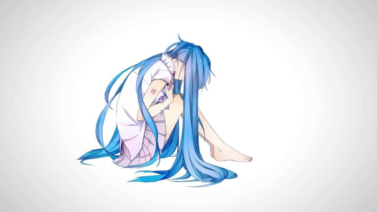A Girl With Blue Hair Sitting On The Ground Wallpaper