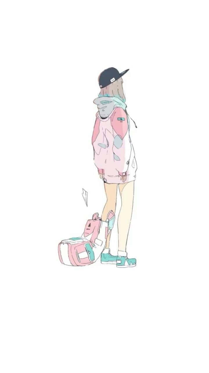 A Girl In A Pink Jacket And Hat Is Standing Next To A Skateboard Wallpaper