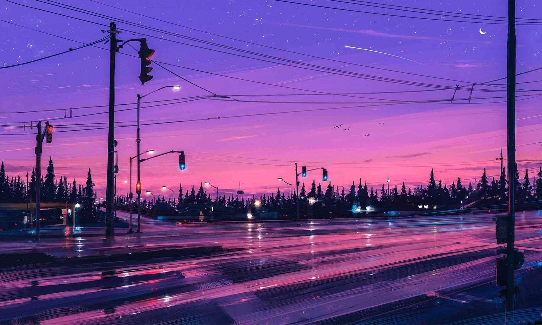 A Painting Of A Street With A Purple Sky