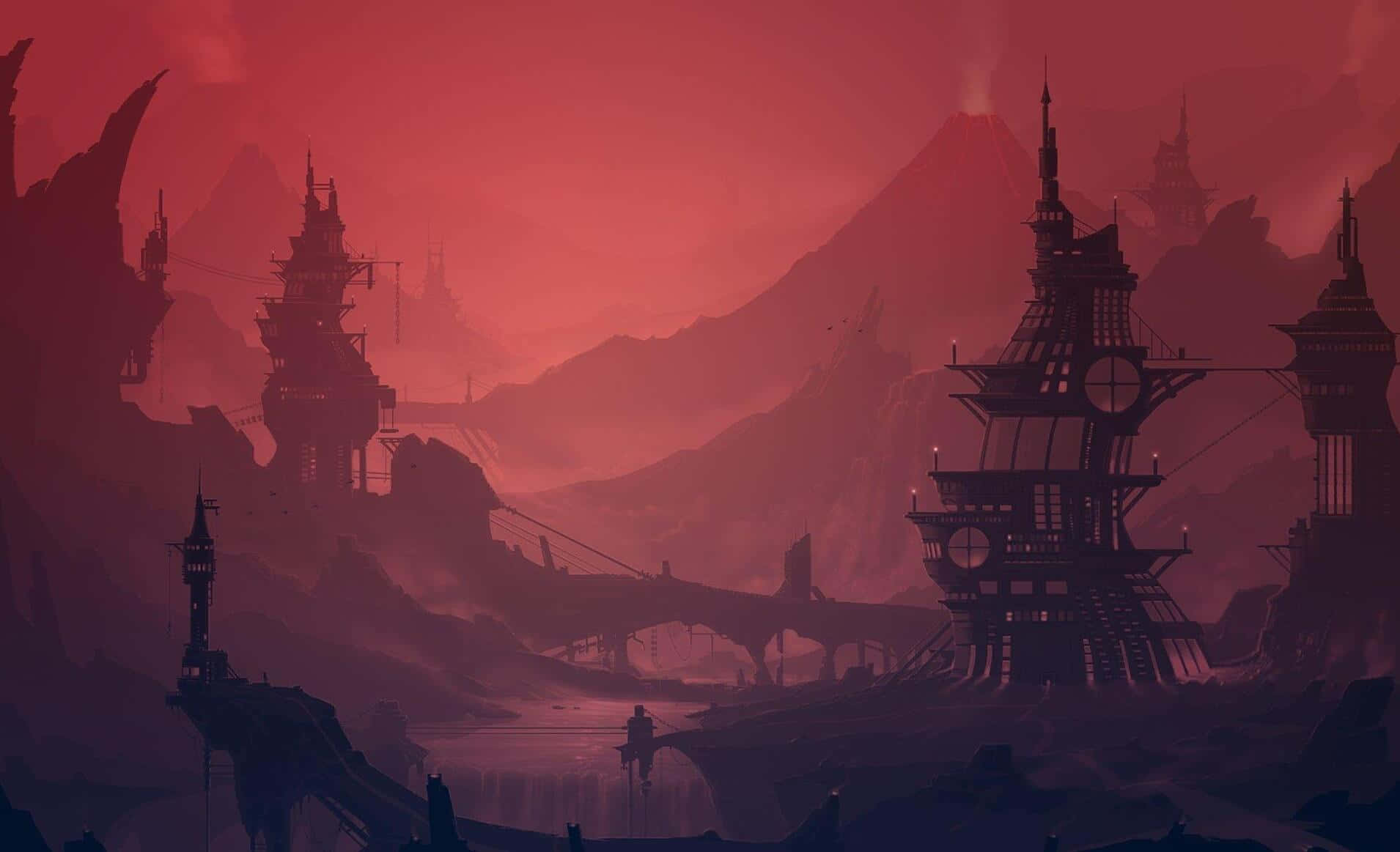 A Fantasy City With A Red Sky And A Castle