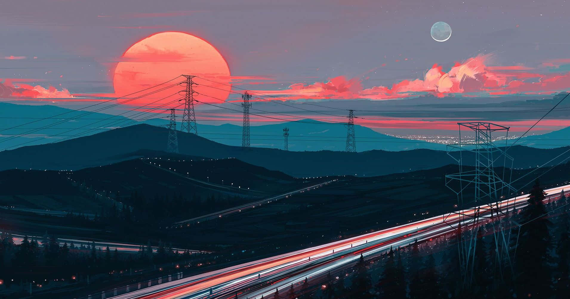 A Painting Of A Highway With A Sunset Behind It