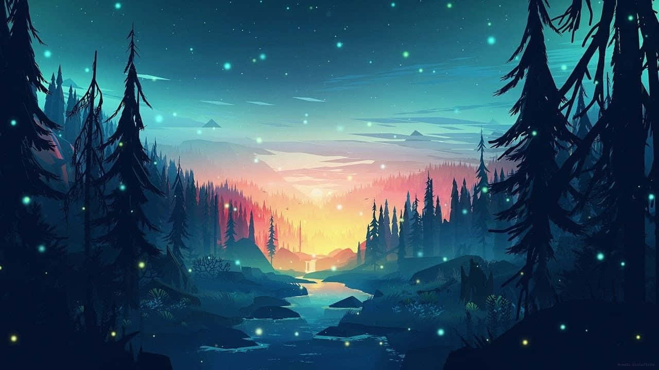 Fireflies In The Forest Lo Fi Desktop Wallpaper