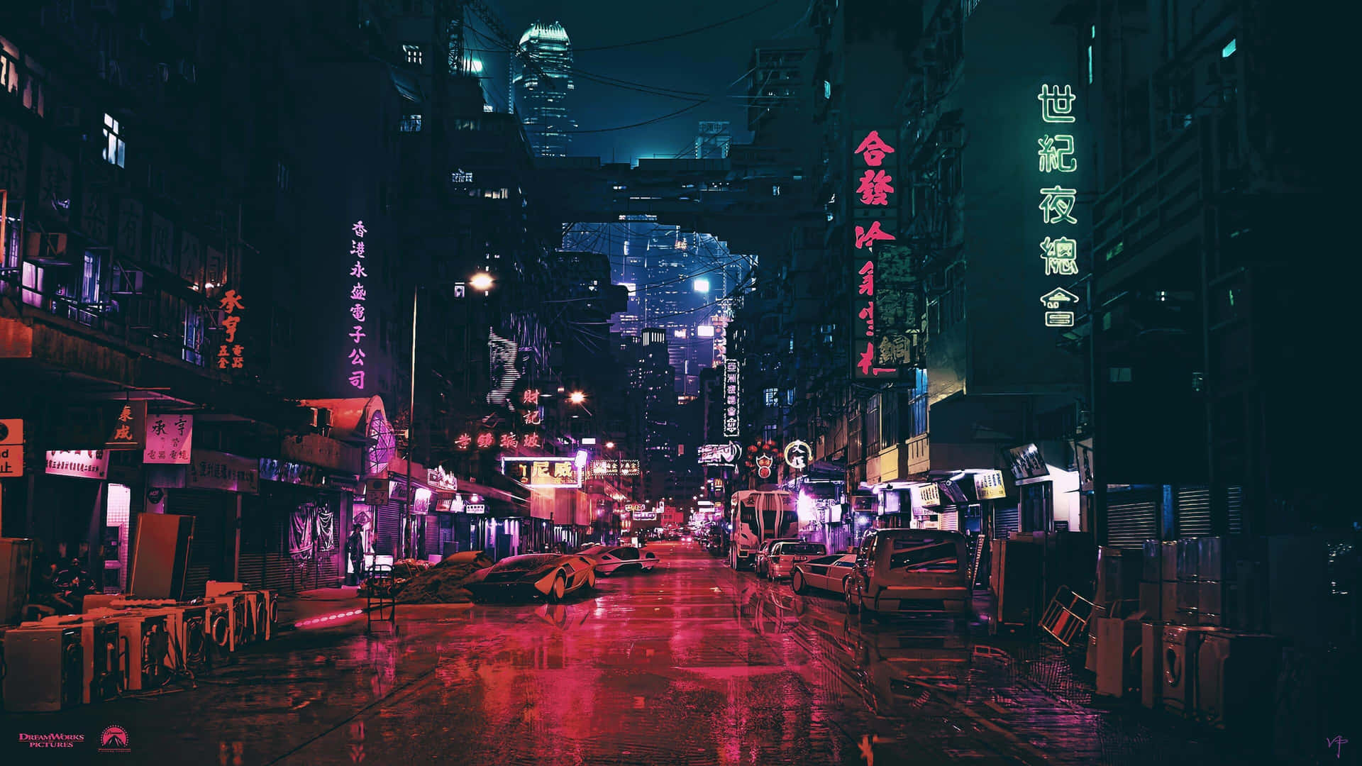 A City Street With Neon Lights And Neon Signs Wallpaper
