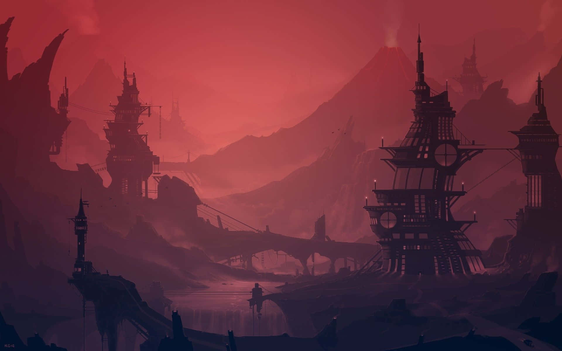 A Fantasy City With A Red Sky And A Castle Wallpaper