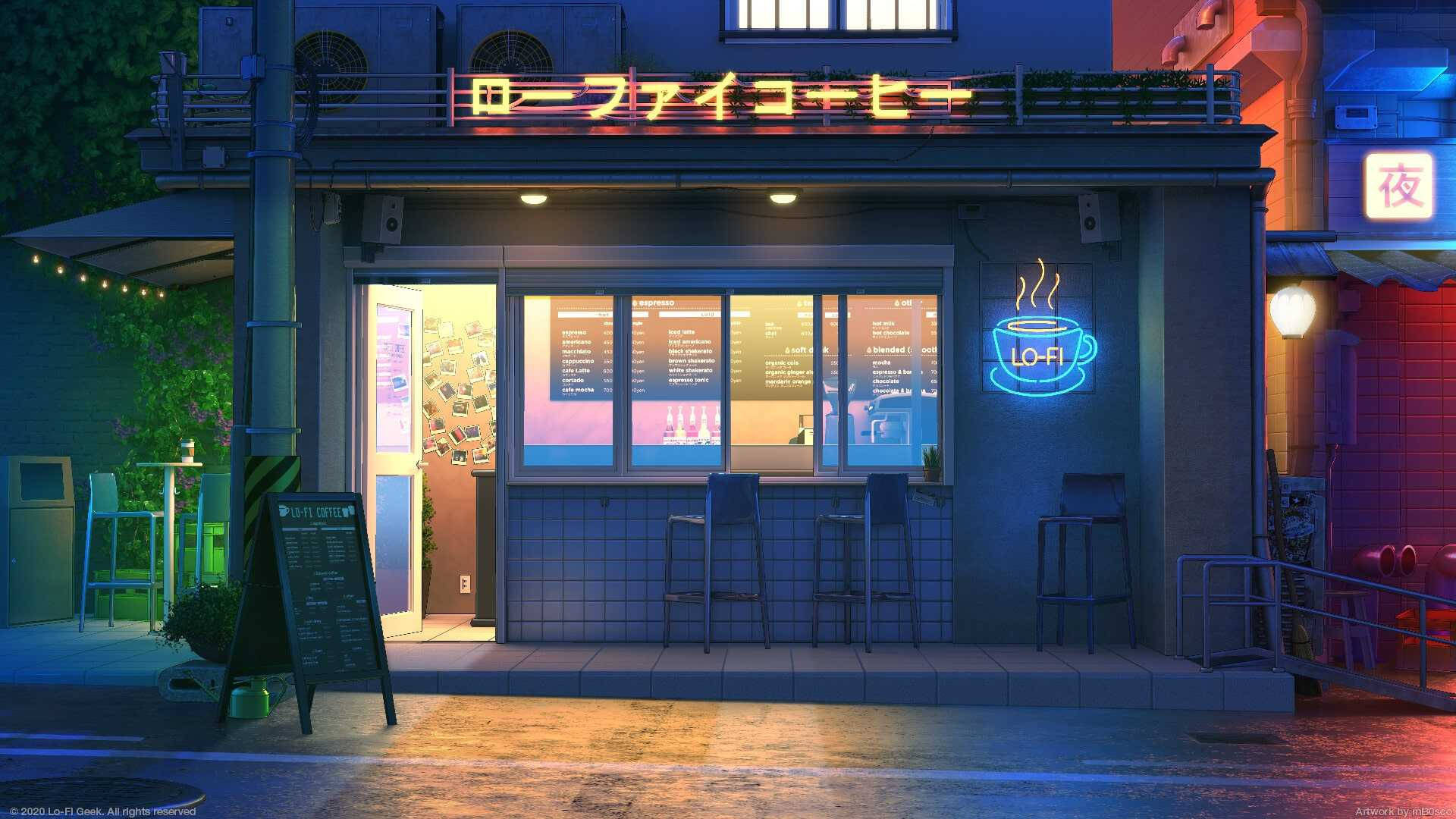 A Restaurant With Neon Lights On The Street Wallpaper