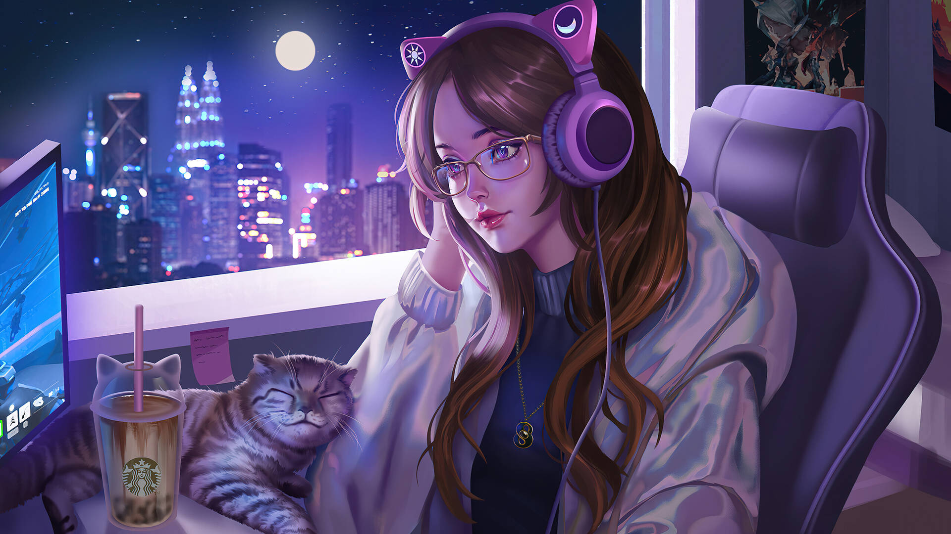 En pige med hovedtelefoner og en kat, der sidder foran en computer. Wallpaper