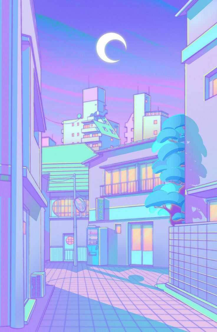 A Street With Buildings And A Moon Wallpaper