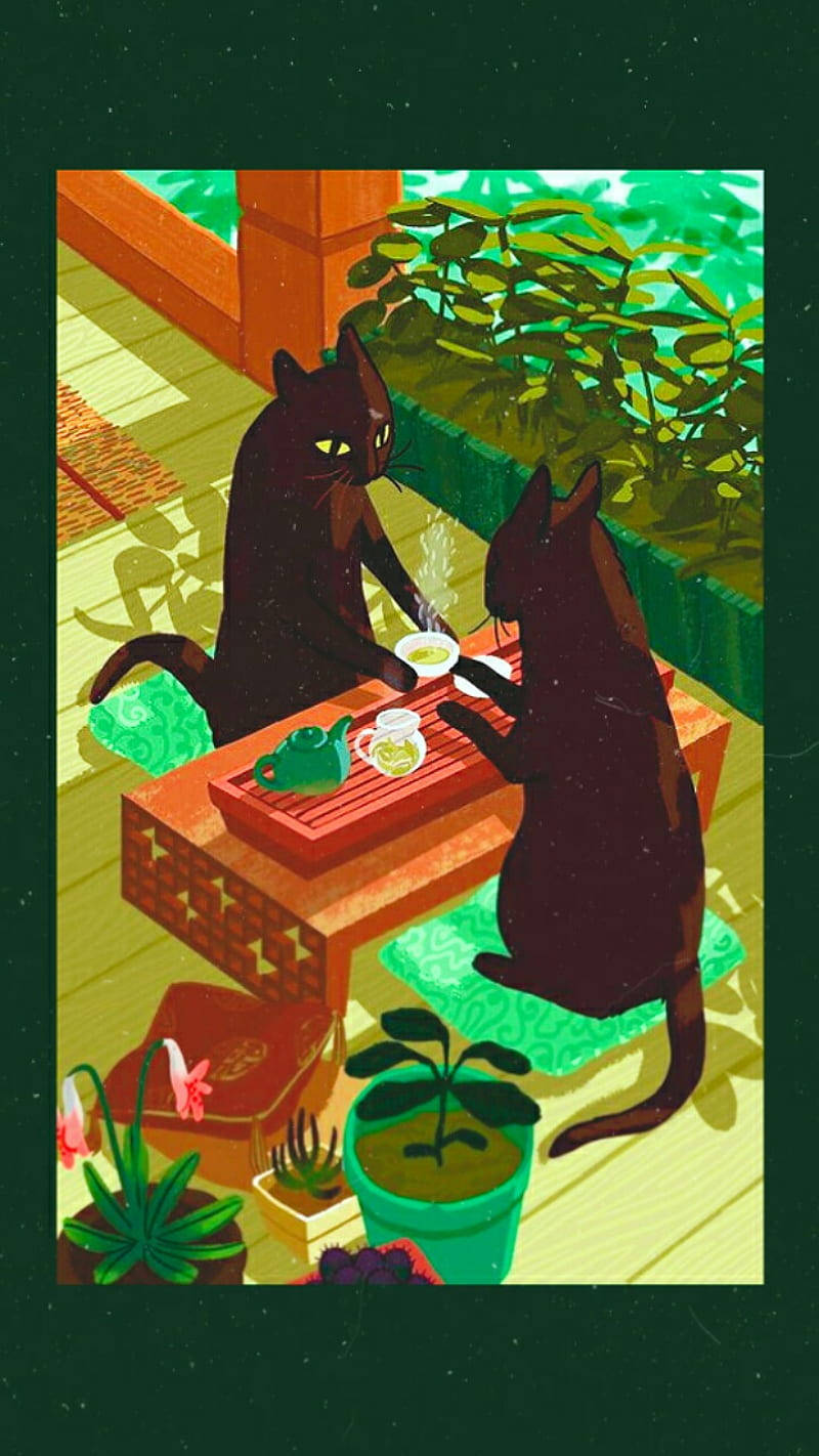 To sorte katte siddende ved et bord med planter Wallpaper