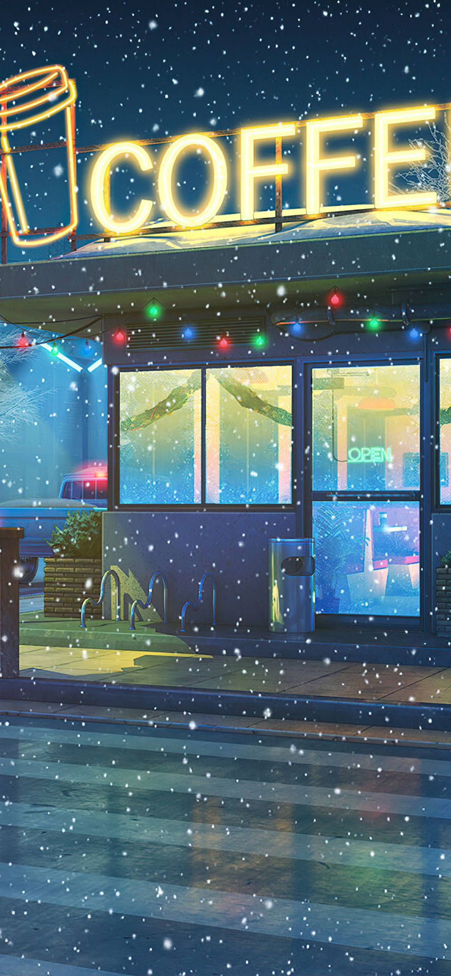 Lo Fi iPhone Winter Wallpaper — A cozy coffee shop glowing with neon lights under falling snow at night.