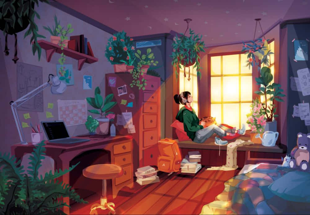 En pige sidder i et værelse med planter og bøger. Wallpaper