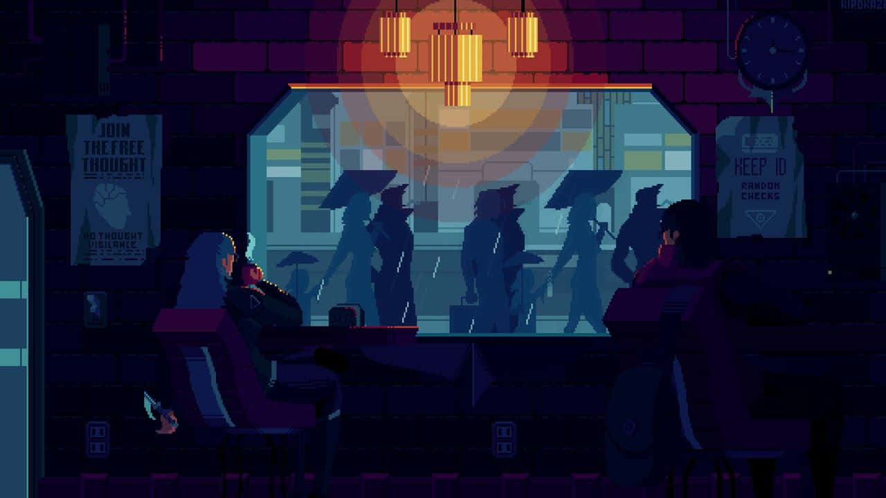 A Dark Scene With People Sitting At A Table Wallpaper
