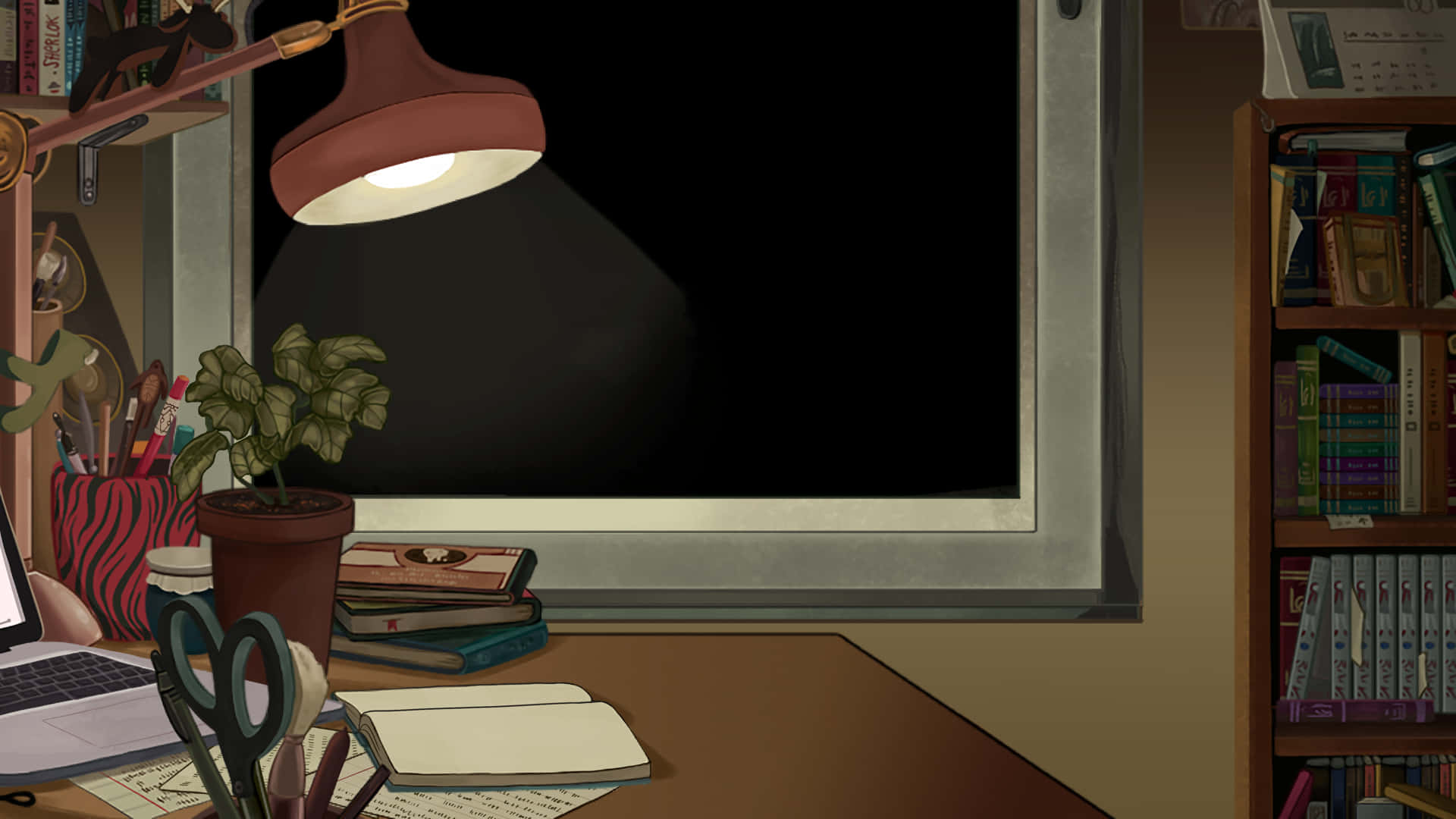A Desk With A Lamp And A Laptop Wallpaper