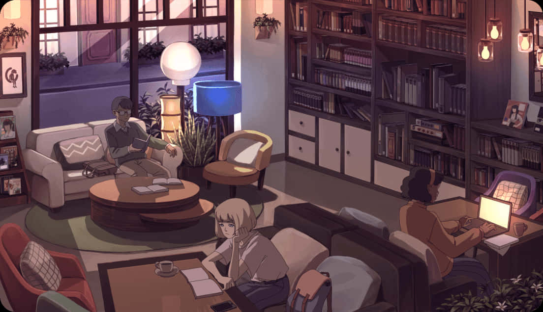 A Room With People Sitting In Chairs And A Bookcase Wallpaper