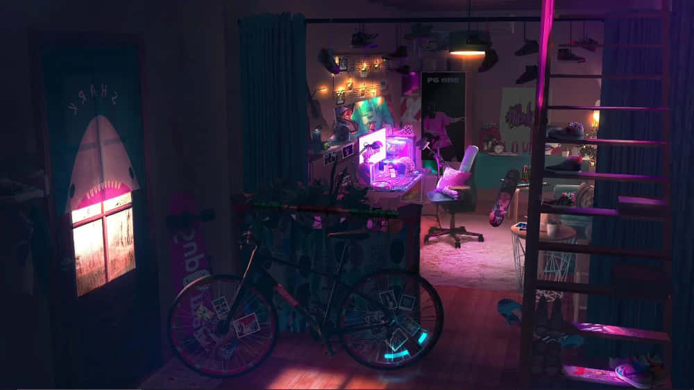 Et værelse med en cykel og lamper i det. Wallpaper
