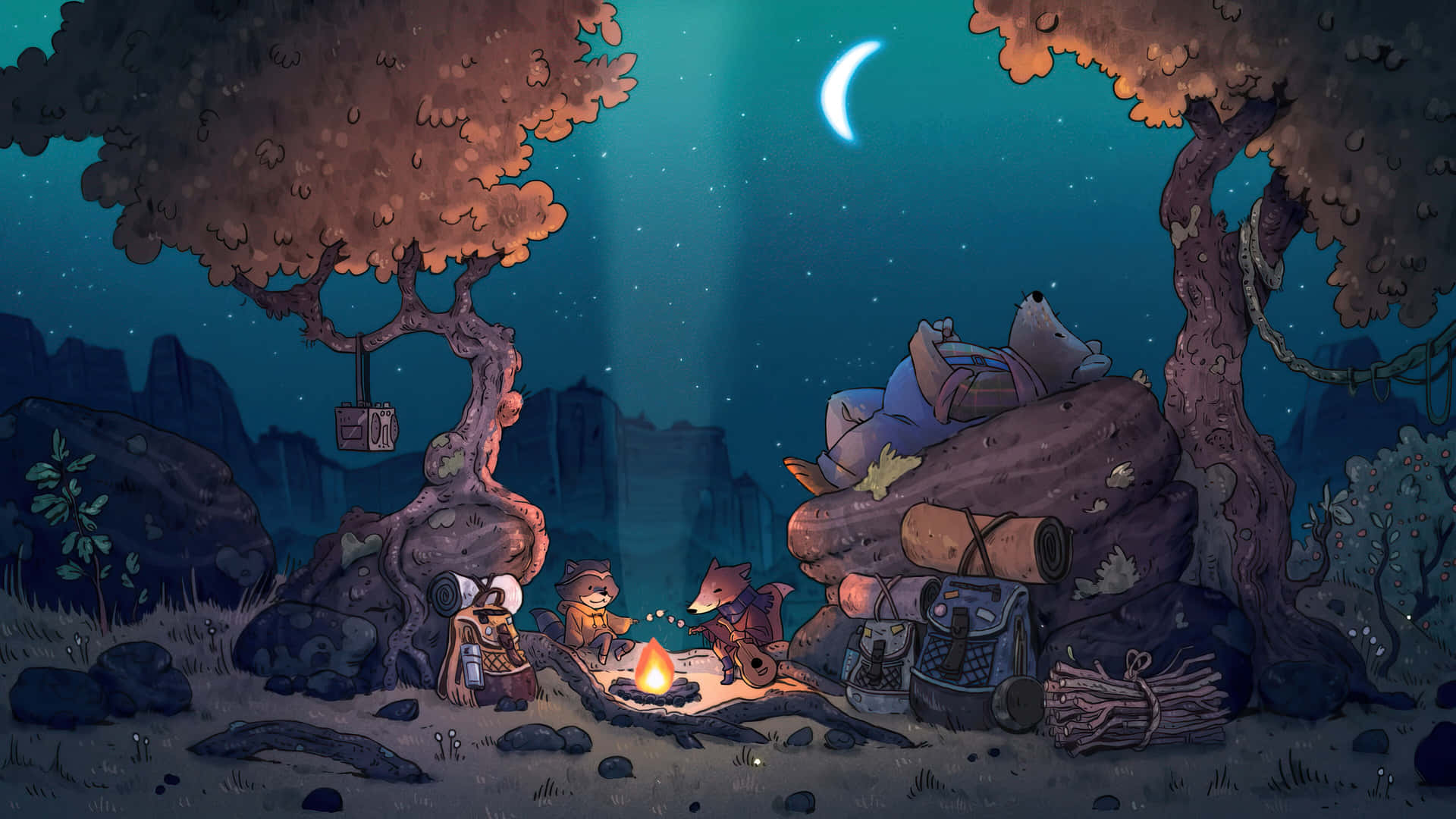A Cartoon Of A Campfire With People Around It Wallpaper