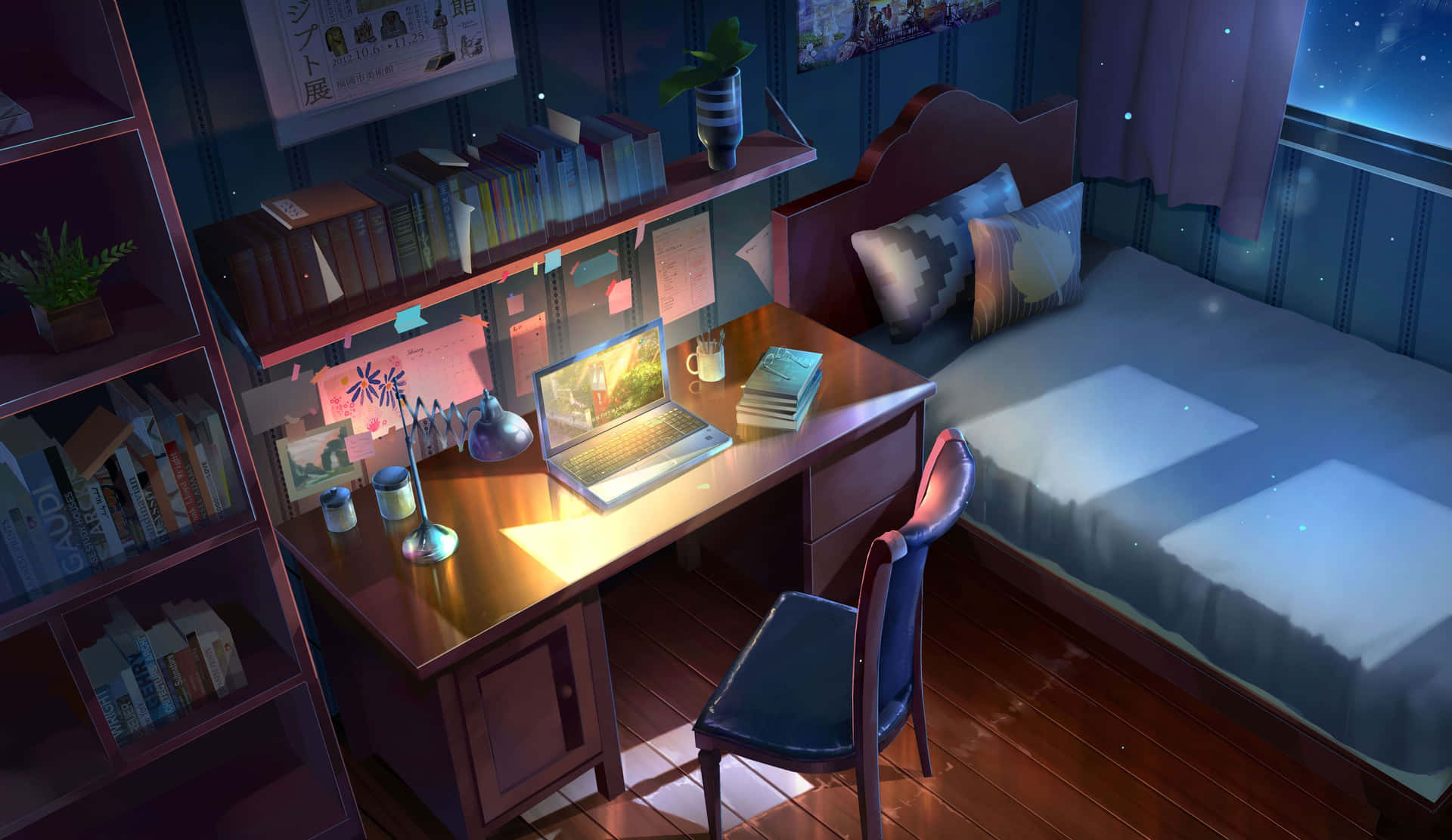 Et soveværelse med et skrivebord og en lampe. Wallpaper