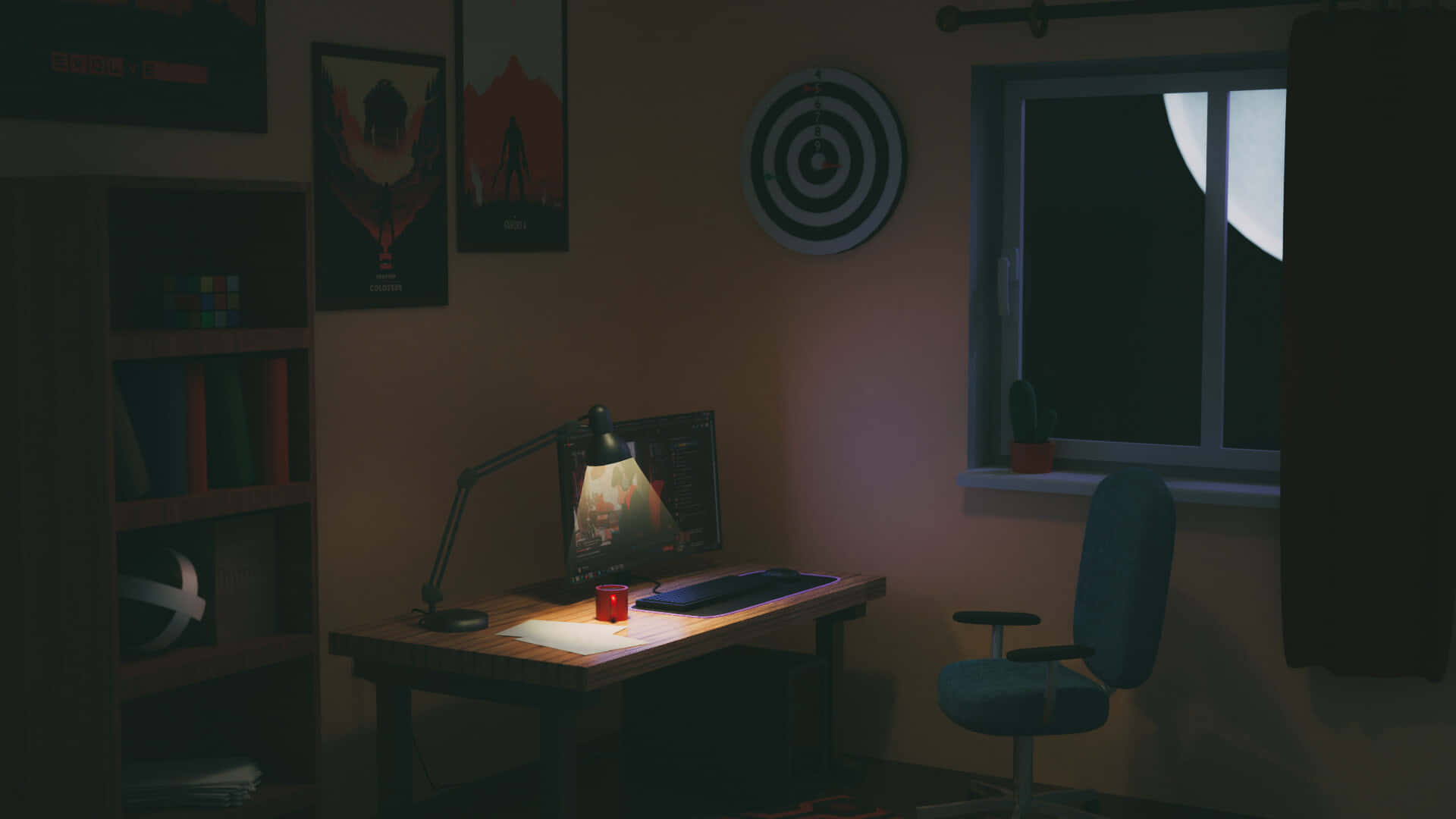 A Desk With A Lamp And A Computer Wallpaper