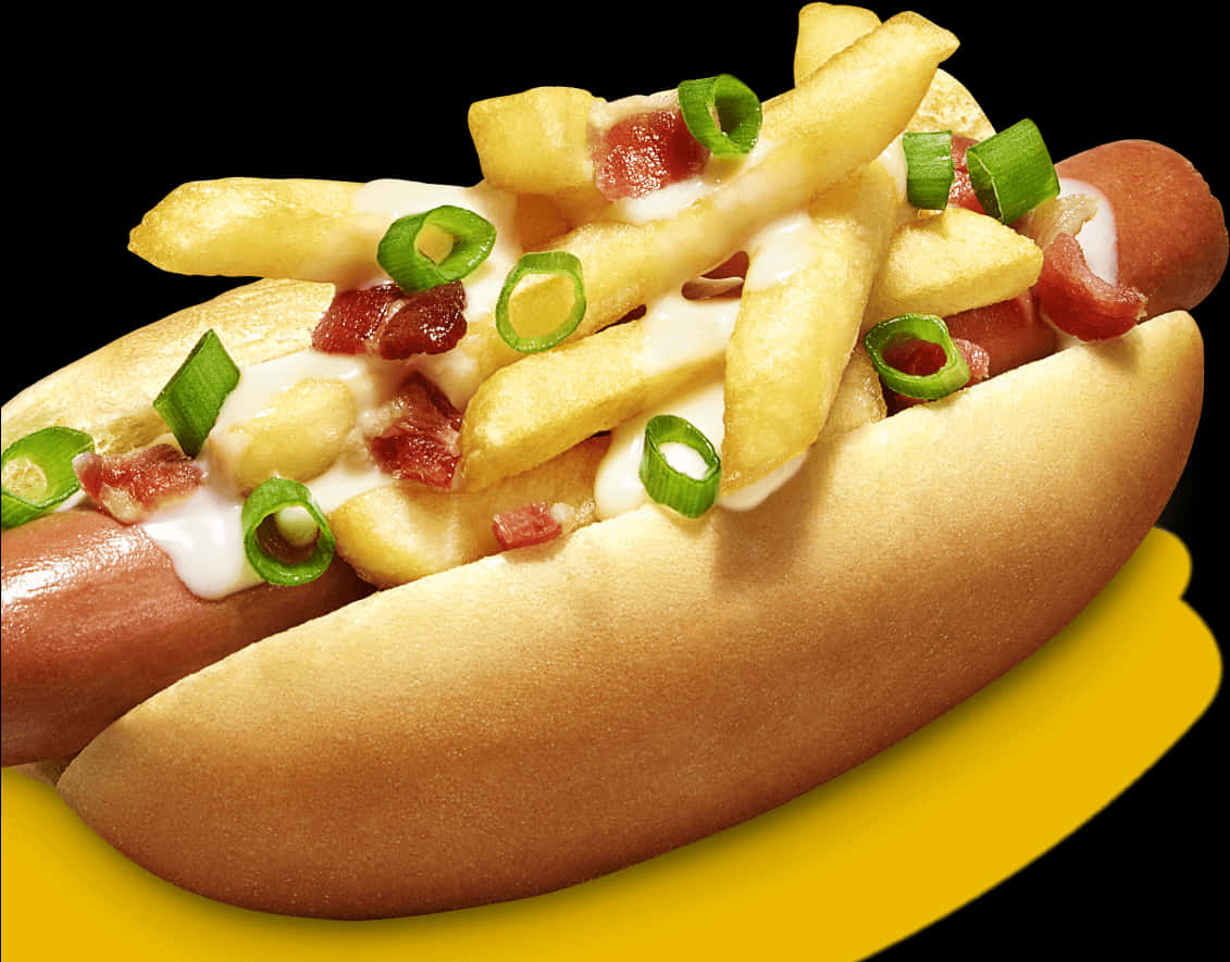 Loaded Gourmet Hot Dogwith Friesand Bacon PNG