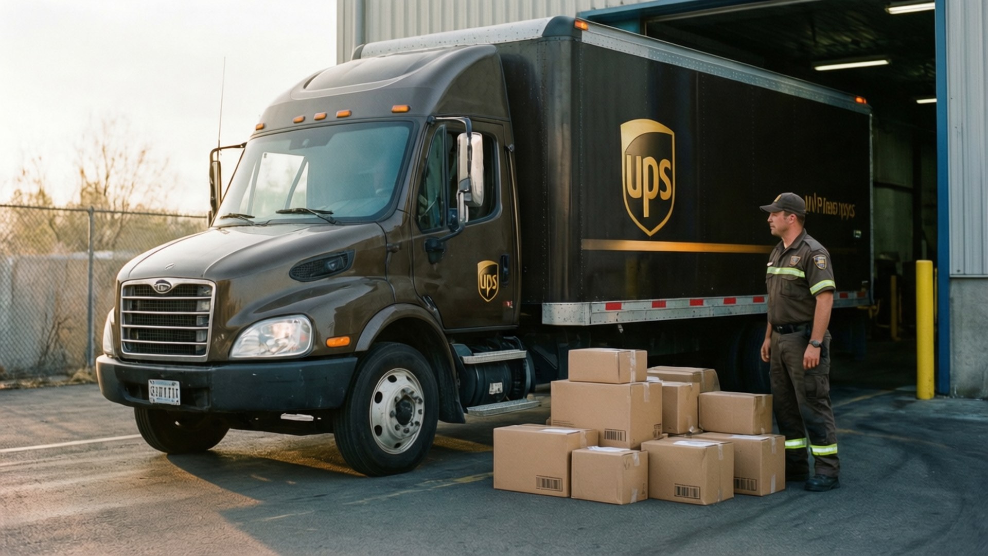 UPS-förare står bredvid leveransbil med paket utanför lager.