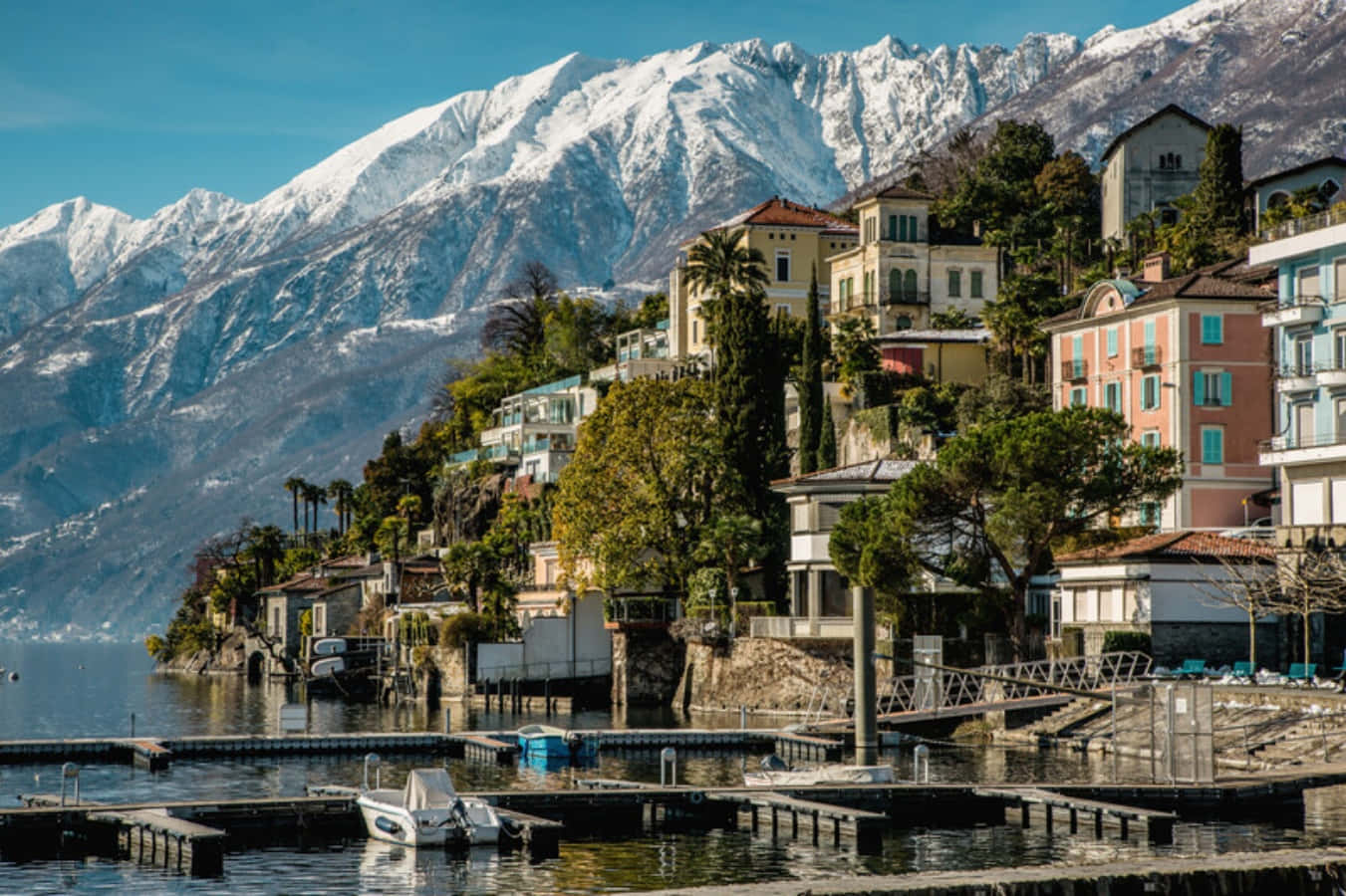 Locarno Lakeside Viewwith Snow Capped Mountains Wallpaper