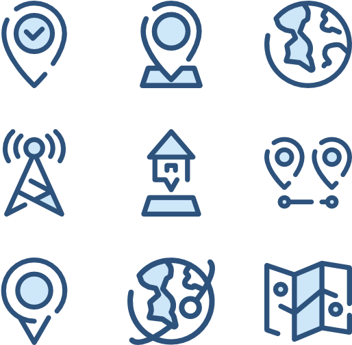 Location Pin Icons Set PNG — Nine blue location and navigation icons on black background including map pins globe and antenna symbols.