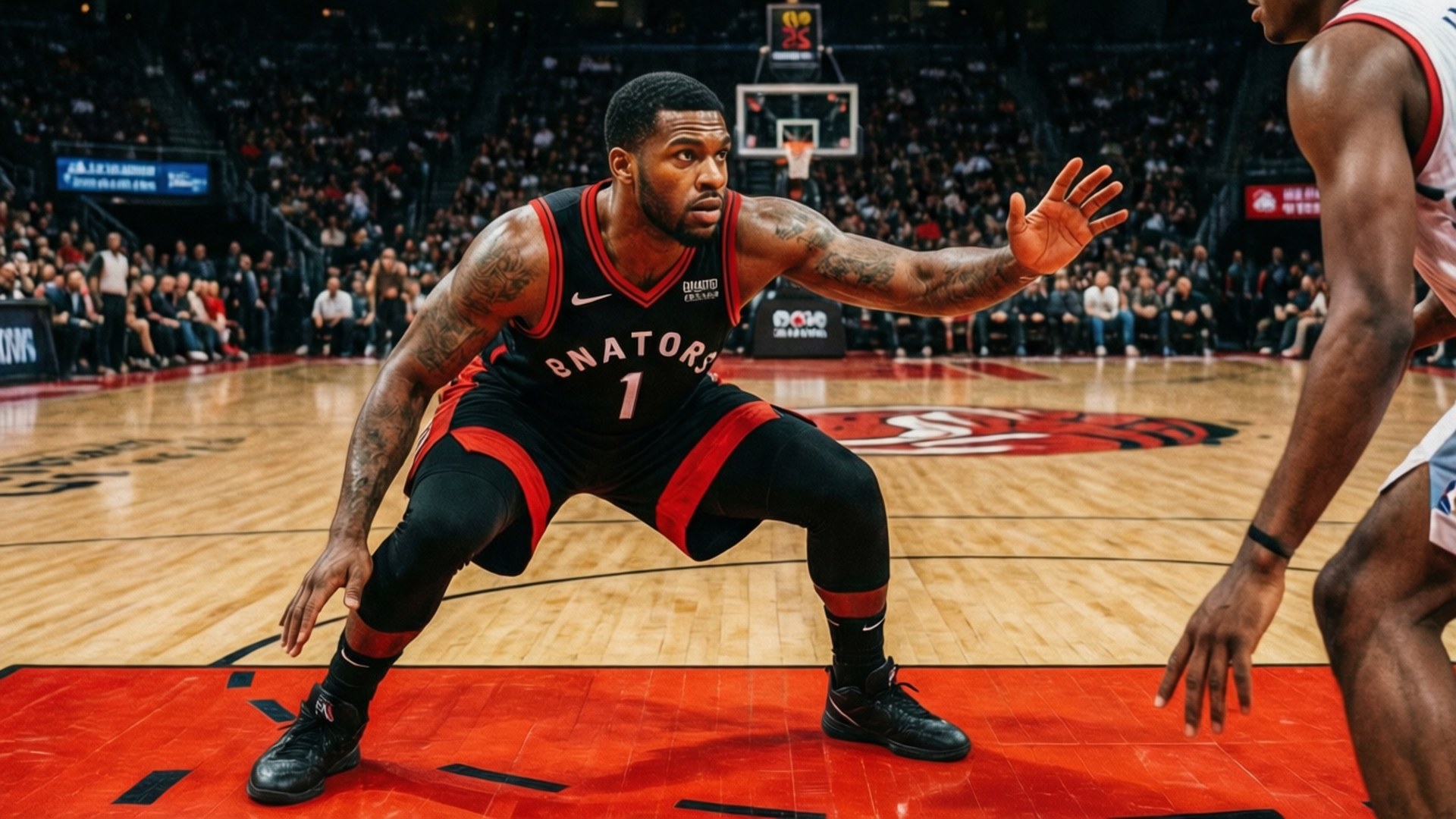 Norman Powell i en defensiv stilling, som viser hans utholdenhet.