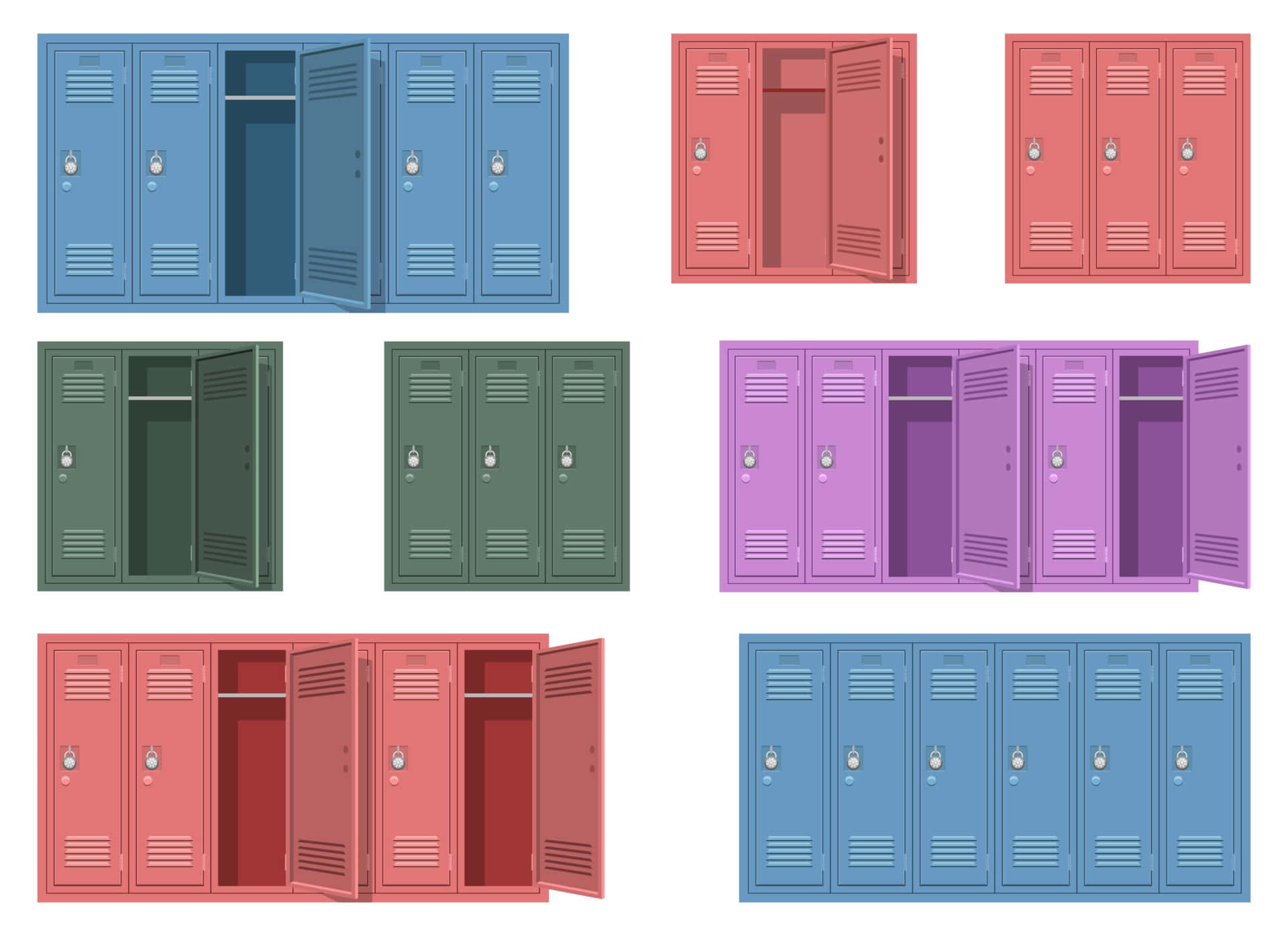 Colorful Lockers With Doors Open On A White Background
