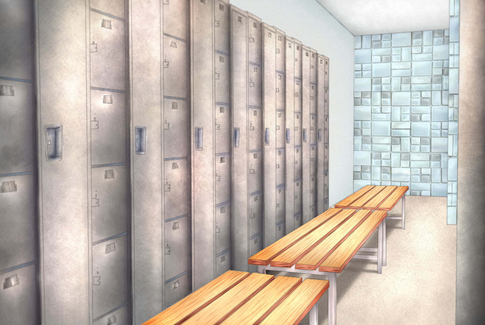 Image  A room filled with colorful lockers and a single person in the background