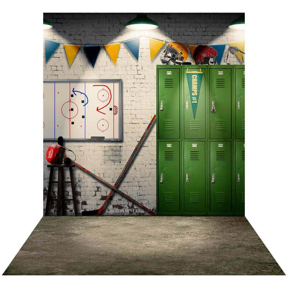A Green Locker Room With A Banner And Flags