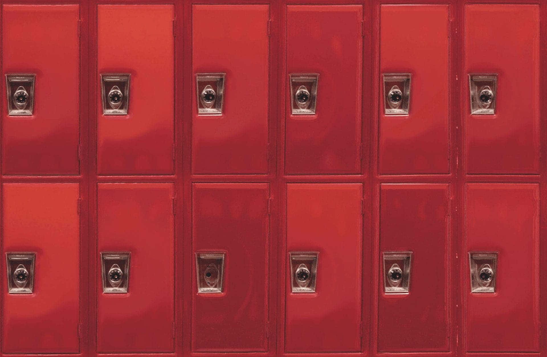 Red Lockers With Metal Handles And Knobs