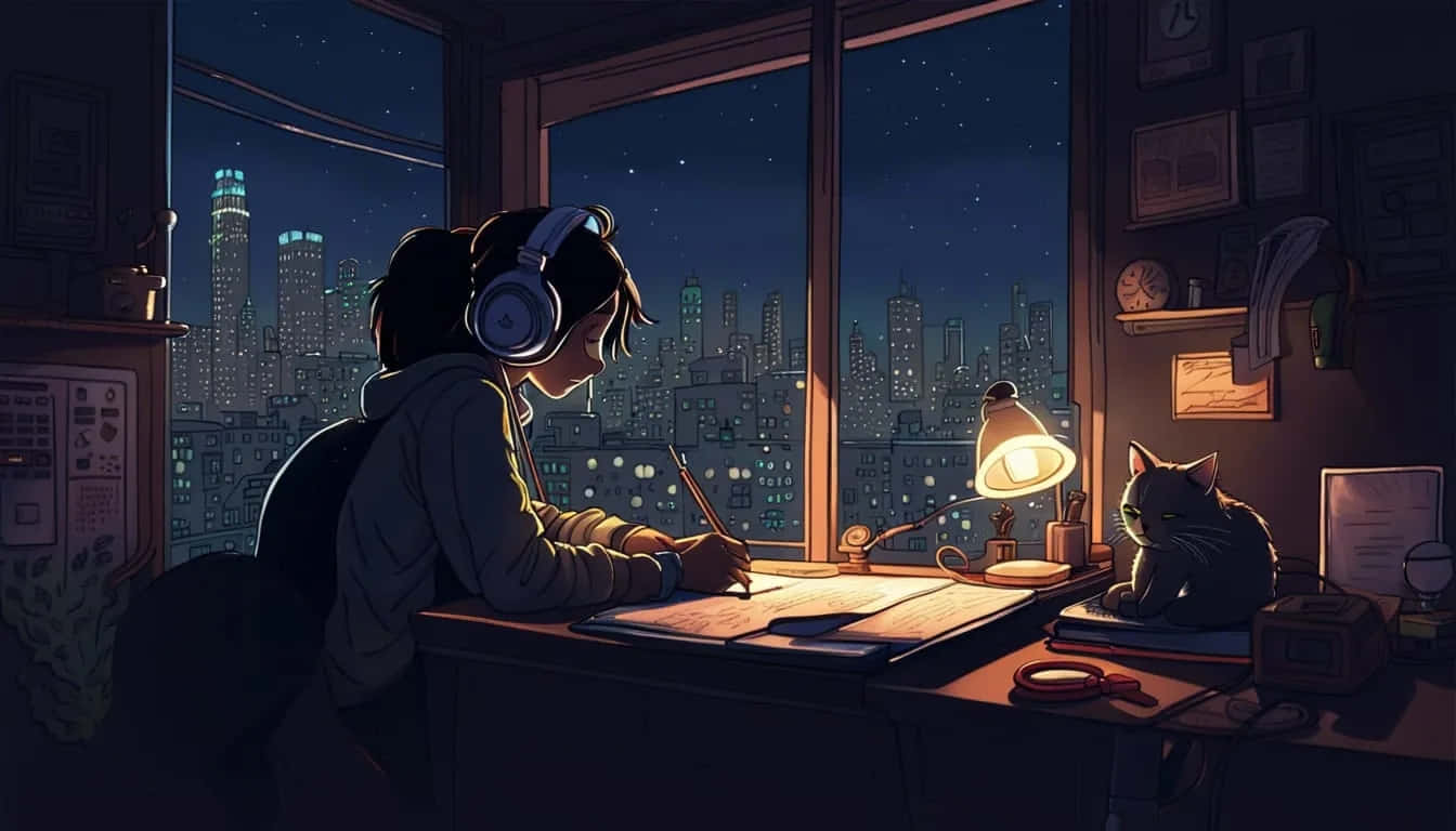Lofi Girl Study Session Nighttime Wallpaper