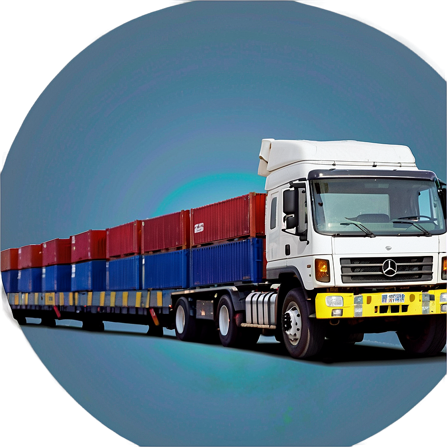 White semi truck carrying red and blue shipping containers through a blue tunnel